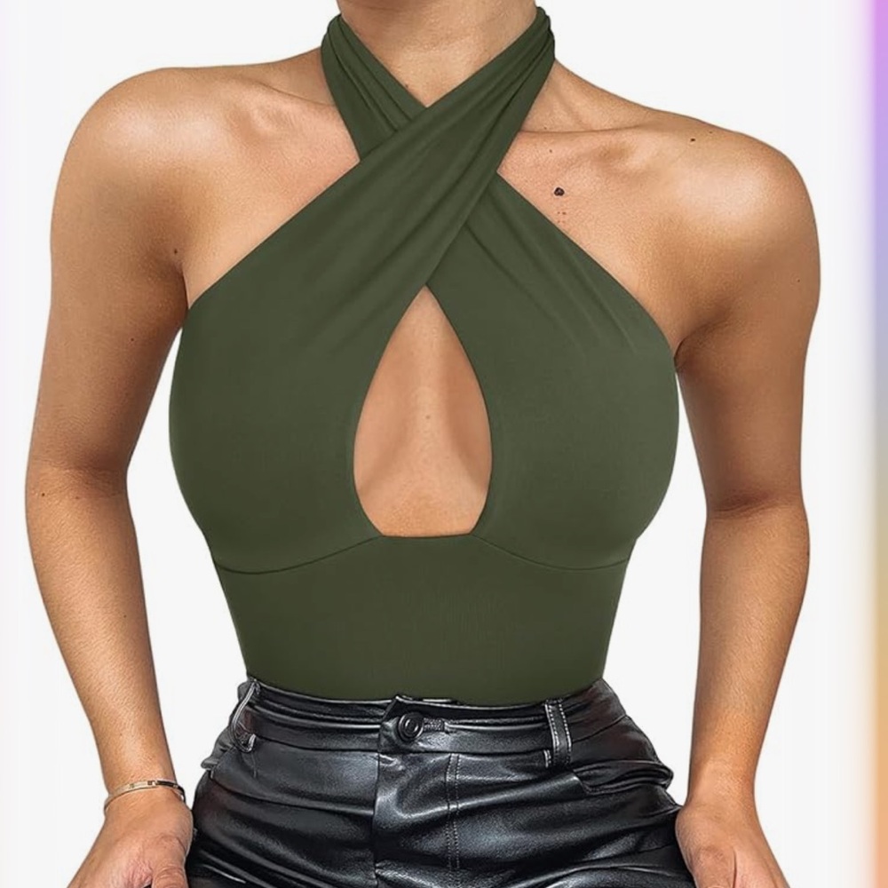 ReoRia Olive Green Halter Bodysuit NWT